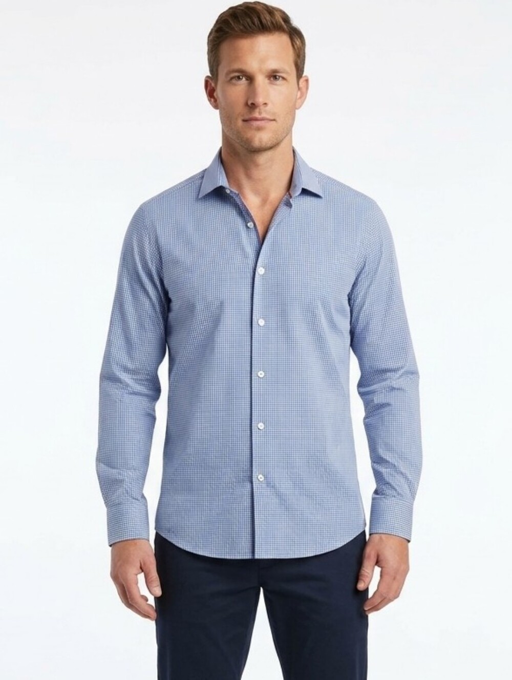 Bugatchi Uomo Size 16.5 Mens Blue Gingham Button Down Shirt Geometric Designer
